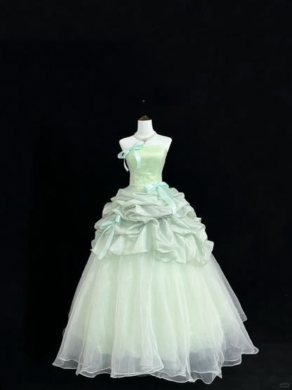 Sage Green Fresh Strapless Cinched Waist Voluminous Skirt Long Romantic Dress, Wedding Gown gh7834