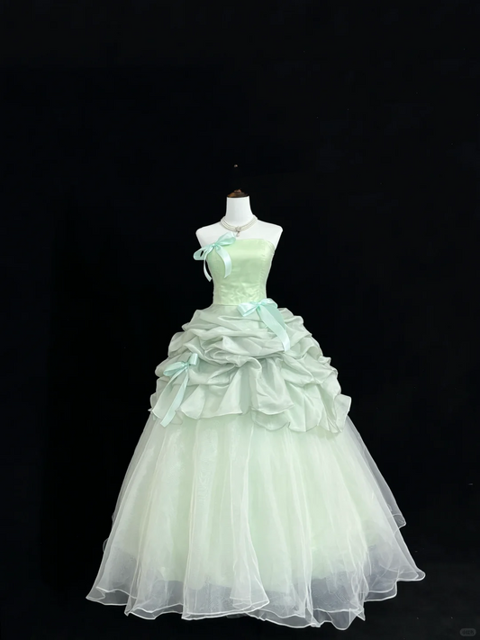 Sage Green Fresh Strapless Cinched Waist Voluminous Skirt Long Romantic Dress, Wedding Gown gh7834