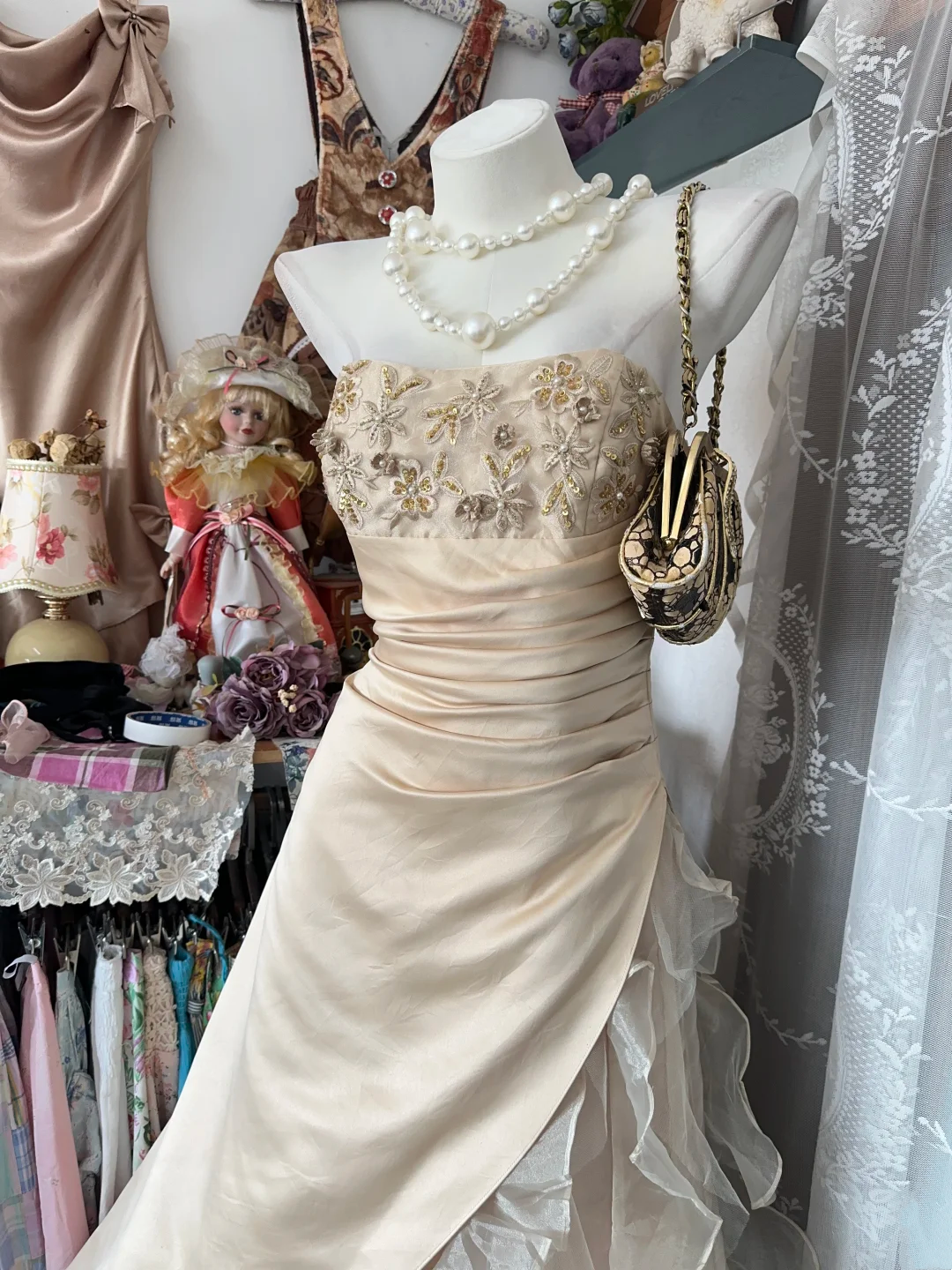 Light champagne-colored strapless, fitted waist, A-line skirt ball gown, evening ball dress gh7194