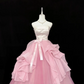 Blush Pink Satin Strapless Cinched Waist Dress with Contrast Pink Voluminous Skirt, Long Romantic Gown, Wedding Dress gh7917