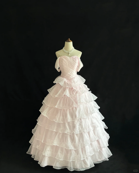 Blush Pink Strapless Cinched Waist Minimalist Elegant Voluminous Tiered Skirt Romantic Dress, Wedding Gown gh8003