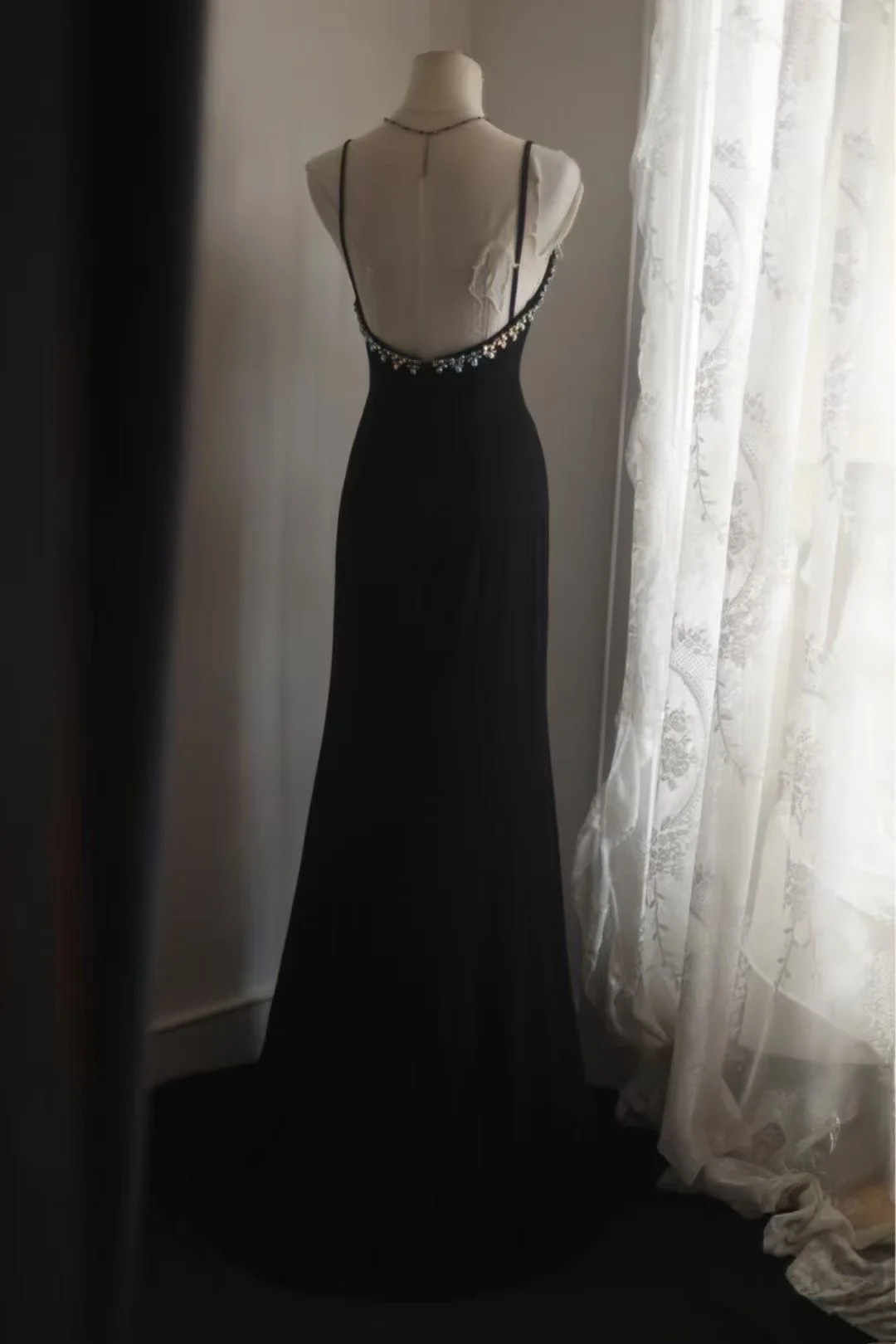 Black halter-neck fitted long elegant ball gown, evening dress gh7122