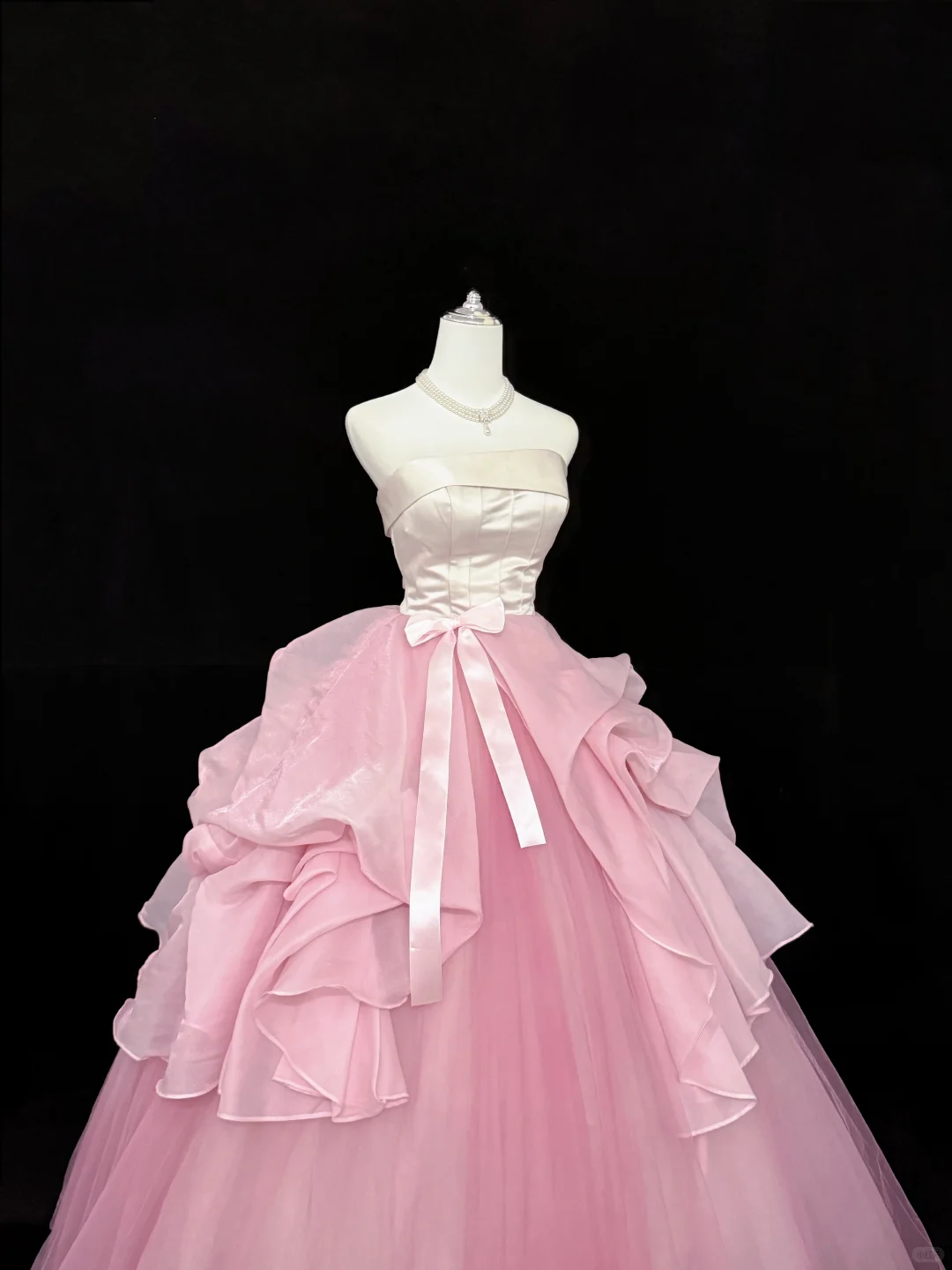 Blush Pink Satin Strapless Cinched Waist Dress with Contrast Pink Voluminous Skirt, Long Romantic Gown, Wedding Dress gh7917