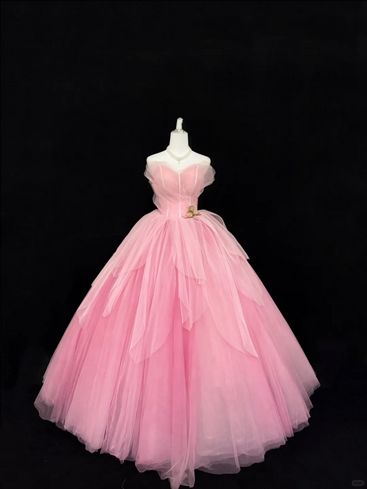 Pink Strapless Cinched Waist Voluminous Skirt Romantic Dress, Wedding Gown gh7869