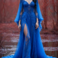 girlhomeshops-Langarm Tüll Bodenlang Schleppe Retro Elegant Ballkleid Abendkleid gh5943