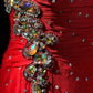 girlhomeshops-Glamouröses, glänzendes, rotes Ballkleid mit einer Schulter und Kristallen, gh5849
