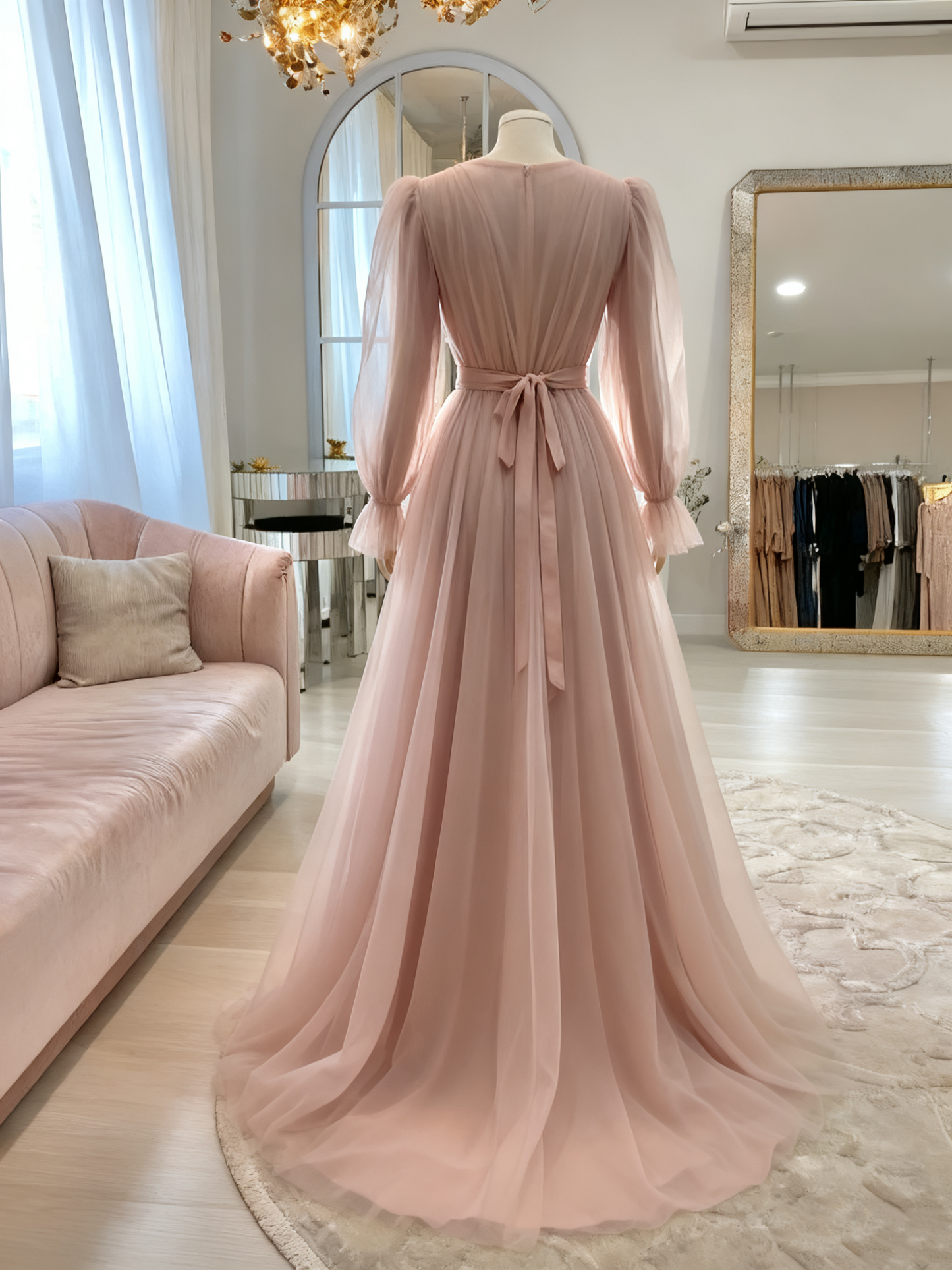 Robe de soirée longue en tulle rose de haute qualité, simple et élégante, à manches longues, robe de bal, robe de mariée, robe d'invitée, robe de gala Gh2215