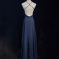 Robe de soirée longue en tulle bleu foncé, brillante, élégante, dos nu, longueur au sol, robe de bal, robe de demoiselle d'honneur, robe de remise de diplôme, gh3864