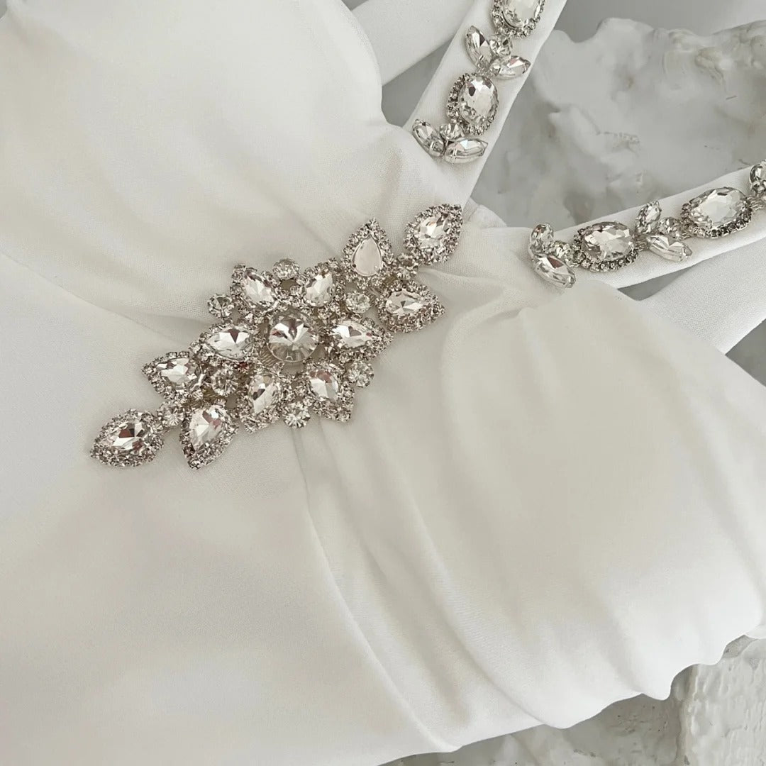Weißes schweres Diamant-Neckholder-Kleid, langes Chiffon-Ballkleid, Abendkleid, Ballkleid, gh4333