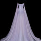 Robe de soirée féérique de luxe, style onirique, en tulle violet clair, sans bretelles et avec traîne - Thème Starlight, pour dîner ou bal gh6562