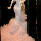 Robe de soirée sirène longue en mousseline rose, luxueuse et ornée de perles, coupe ajustée, gh6758