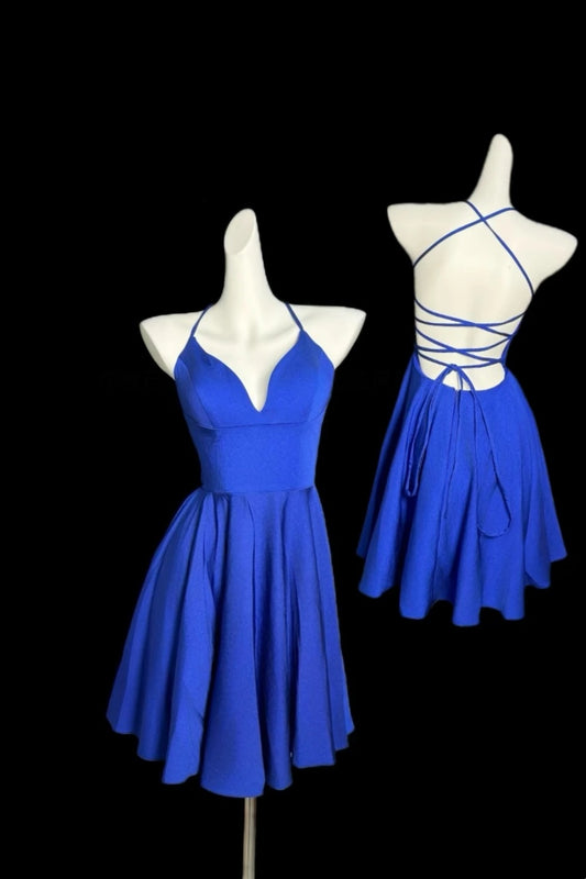 Royal Blue Halter Deep V Backless Lace-Up Flared Mini Dress with Padded Cups, Party Dress gh7110