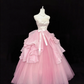 Blush Pink Satin Strapless Cinched Waist Dress with Contrast Pink Voluminous Skirt, Long Romantic Gown, Wedding Dress gh7917