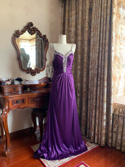 Purple Spaghetti Strap Waist-Cinched Sexy Long Prom Gown, Evening Formal Dress gh7238