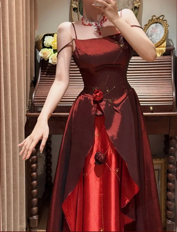 Robe de soirée longue en satin et tulle à fleurs, tenue de bal, de remise de diplôme, bordeaux, exquise, perlée, gh4255