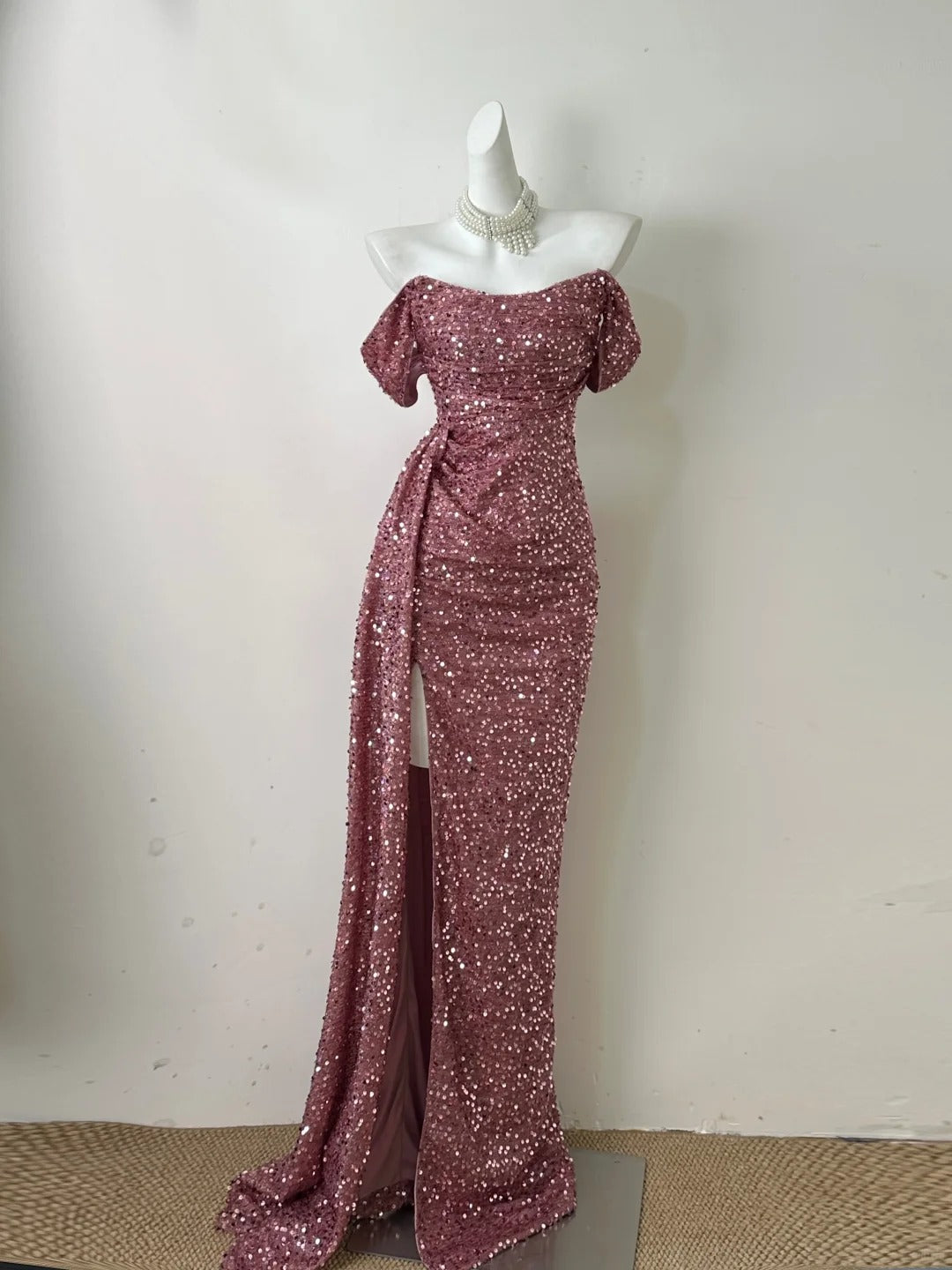 Robe de soirée longue rose, simple, élégante, à paillettes, longueur au sol, sexy, fendue, robe de bal, gh3729