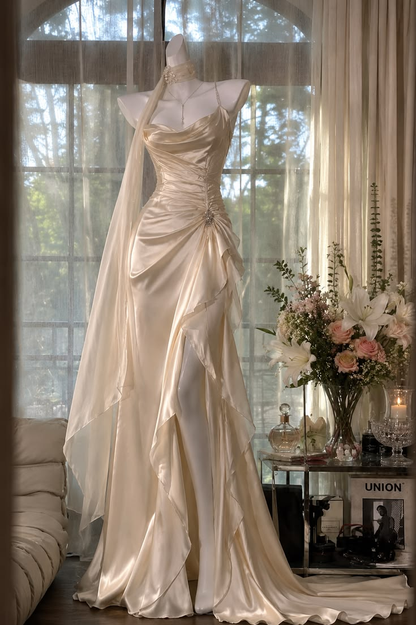 White Spaghetti Straps Waist-Cinched Fitted Elegant Slit Skirt Prom Dress, Evening Gown gh7295