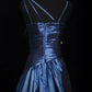girlhomeshops - Robe de soirée longue en satin bleu marine à fines bretelles et sequins ornée d'un grand nœud (gh6305)