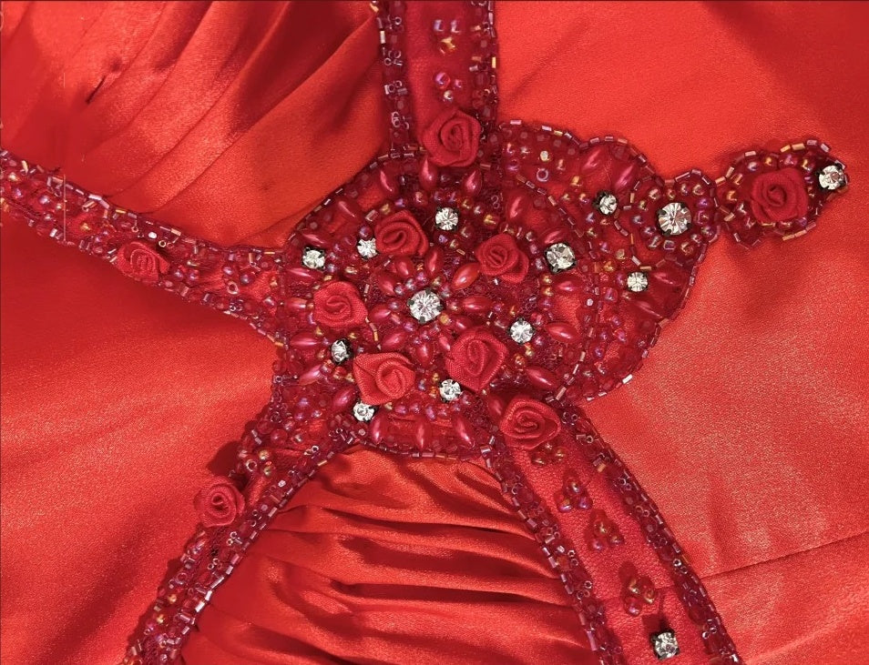 Robe de bal longue en satin rouge vintage à fleurs, robe de soirée d'anniversaire, gh4413
