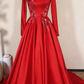 Crimson Satin Square-Neck Long-Sleeve 3D Flower Train Gown gh6387