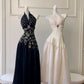 Schwarz/Weiß Vintage Langes Satin Ballkleid Geburtstagspartykleid Abendkleid gh4410