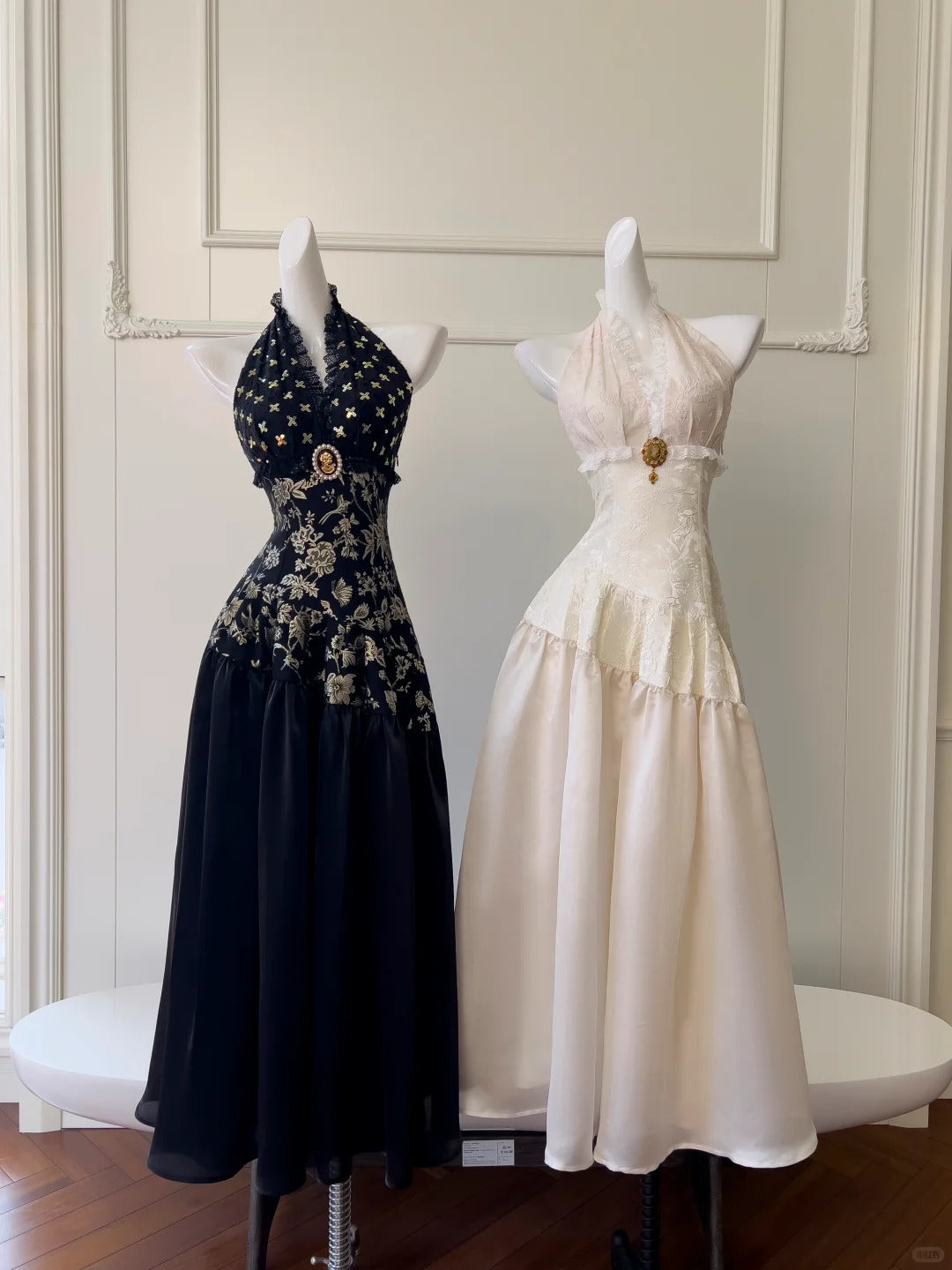 Schwarz/Weiß Vintage Langes Satin Ballkleid Geburtstagspartykleid Abendkleid gh4410