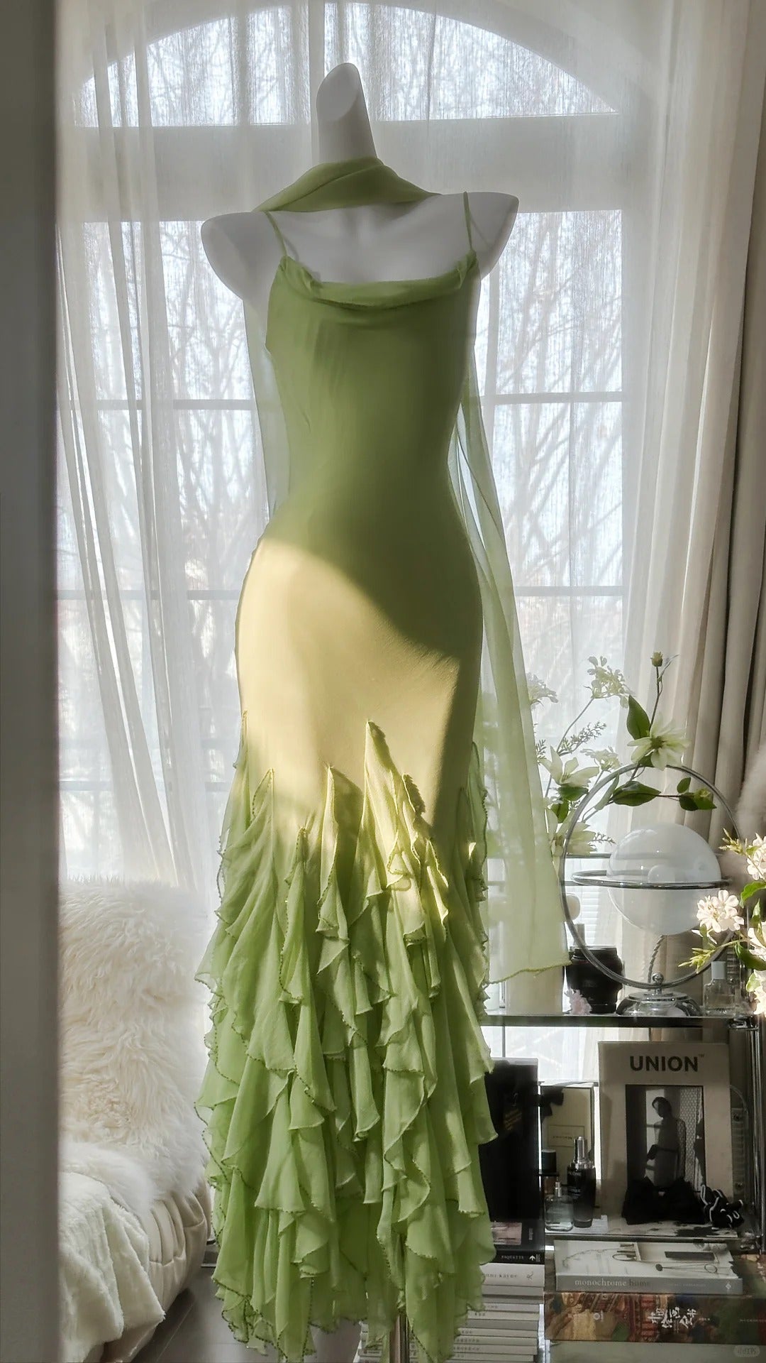 Grünes stilvolles elegantes Spaghettiträger-Lang-Rüschen-Meerjungfrauen-Slim-Fit-Chiffon-Ballkleid-Geburtstags-Partykleid-Abendkleid-Abschlussballkleid gh3976