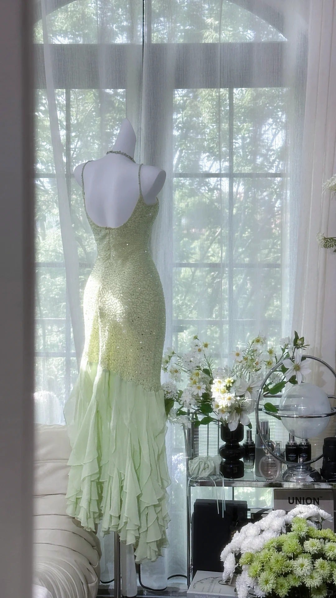 Robe de soirée longue à volants et paillettes, verte et brillante, gh4319