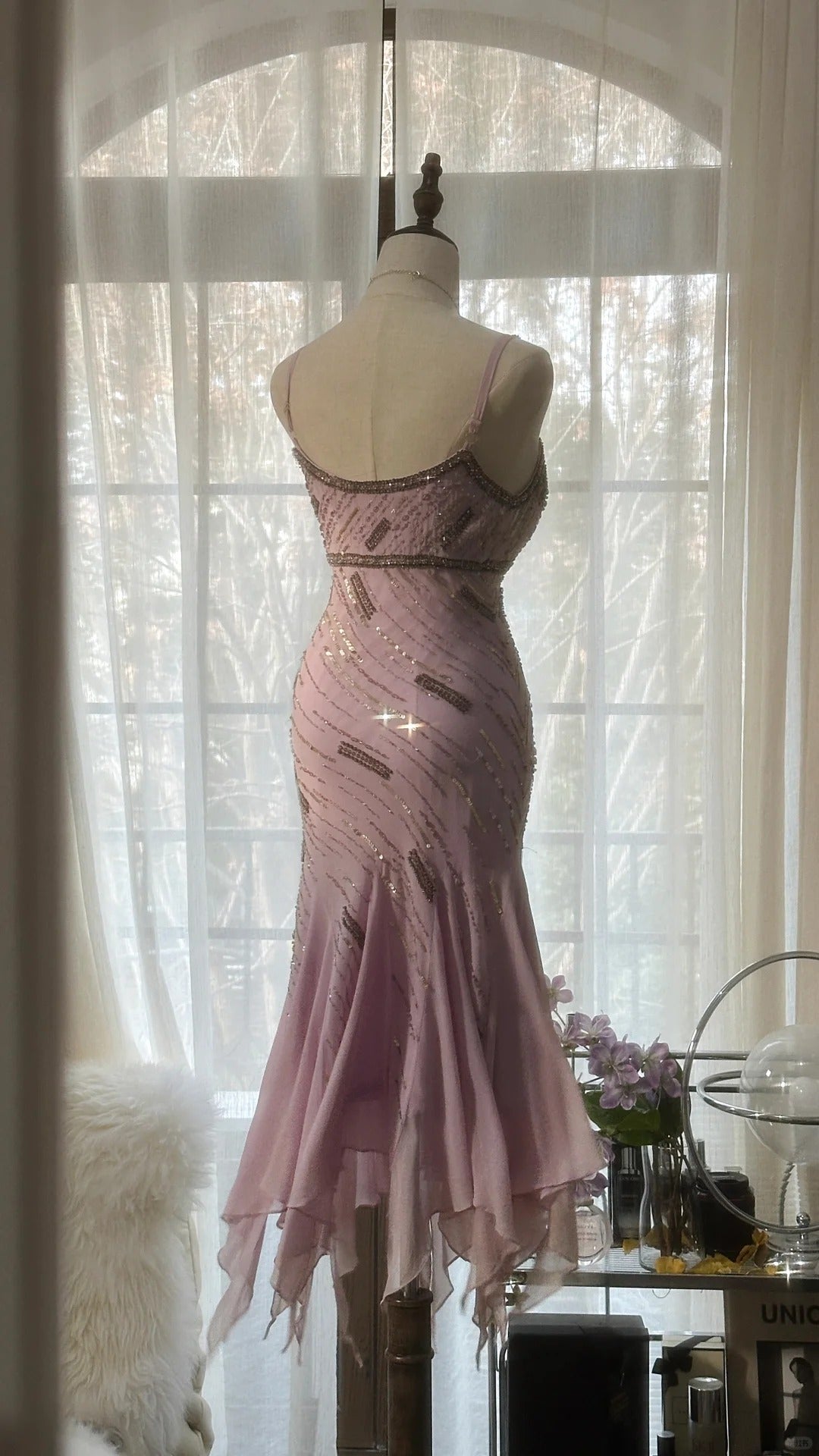 Pale Pink Elegant Fashion Sophisticated Beaded Sweetheart Neck Spaghetti Straps Long Chiffon Ruffled Homecoming Dress Prom Dress Evening Dress Birthday/Vacation Party Dress Prom Dress gh4067