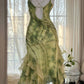 Grünes romantisches elegantes exquisites rückenfreies langes Chiffon-Rüschen-Heimkehrkleid mit Perlenbesatz, Ballkleid, Abendkleid, Geburtstags-, Urlaubs- und Partykleid gh4008