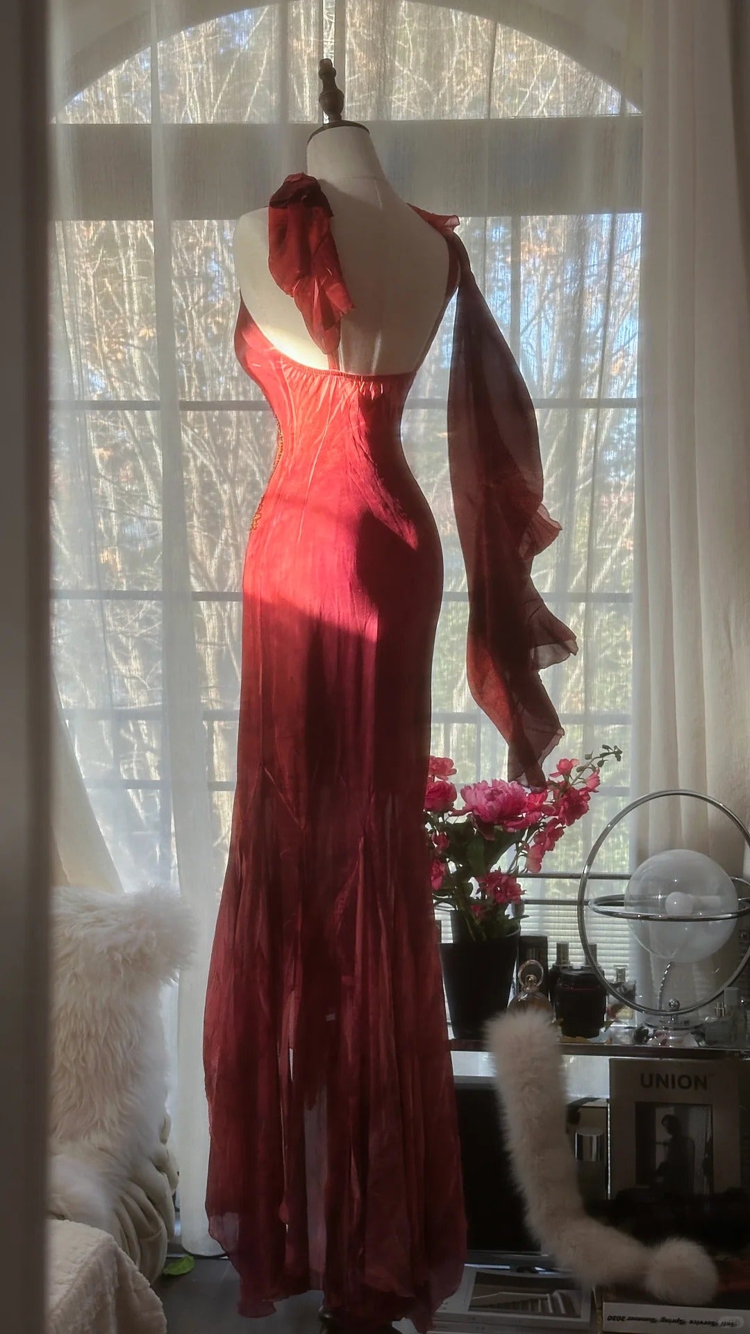 Rot Romantisch Mode Elegant Exquisite Lotus Gold Perlen Lang Chiffon Fischschwanz Rock Meerjungfrau Schlank Ballkleid Abendkleid Geburtstag/Hochzeitsgast/Urlaub Partykleid Ballkleid Valentinstag Date Kleid gh4029