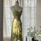 Robe de soirée élégante et romantique verte, à fleurs délicates, avec des appliques et des perles, à bretelles spaghetti, mi-longue/courte, en mousseline de soie, à volants, gh4060