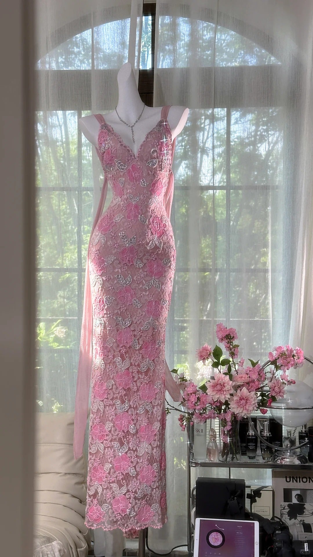 Rosa florales Vintage Perlen Spitzen langes Ballkleid Abendkleid Partykleid gh4819