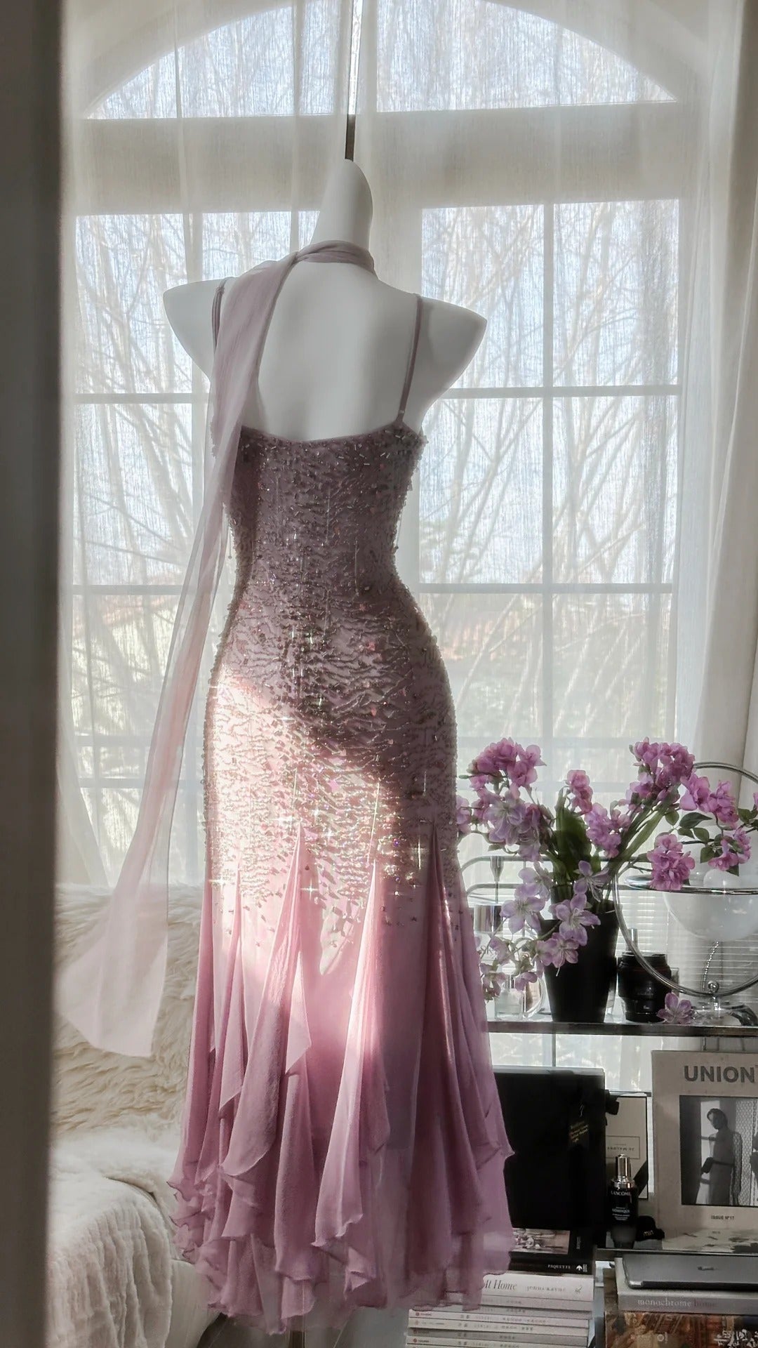 Rosa Lila Elegant Romantisch Exquisite Perlen Langes Chiffon Ballkleid Abendkleid Geburtstags-/Hochzeitsgast-/Urlaubspartykleid Ballkleid gh4021