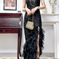 Black‑Gold Vintage Halter V‑Neck Prom Gown, Gold‑Thread Embroidered Lace Bodice, Fitted Bodycon Silhouette, One‑Side High Slit, Tiered Ruffled Asymmetrical Mermaid Skirt, Evening Prom Dress gh8810