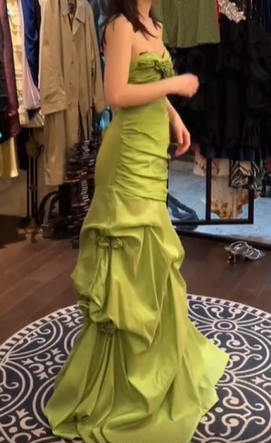 Lime Green Satin Strapless Long Evening Gown Ruffled Sweetheart Mermaid Prom Dress gh9867
