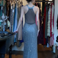 Dusty Blue Beaded Halter Mermaid Evening Dress With Pockets gh9675