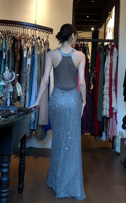 Dusty Blue Beaded Halter Mermaid Evening Dress With Pockets gh9675