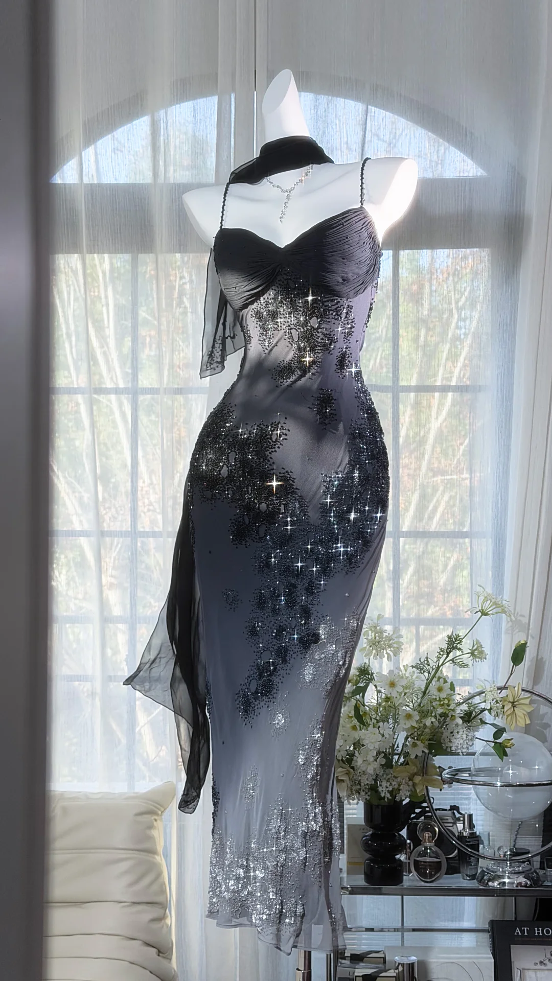 Black Gray Ombre Sweetheart Spaghetti Strap Starry Beaded Mermaid Midi Evening Dress with Chiffon Scarf gh9528