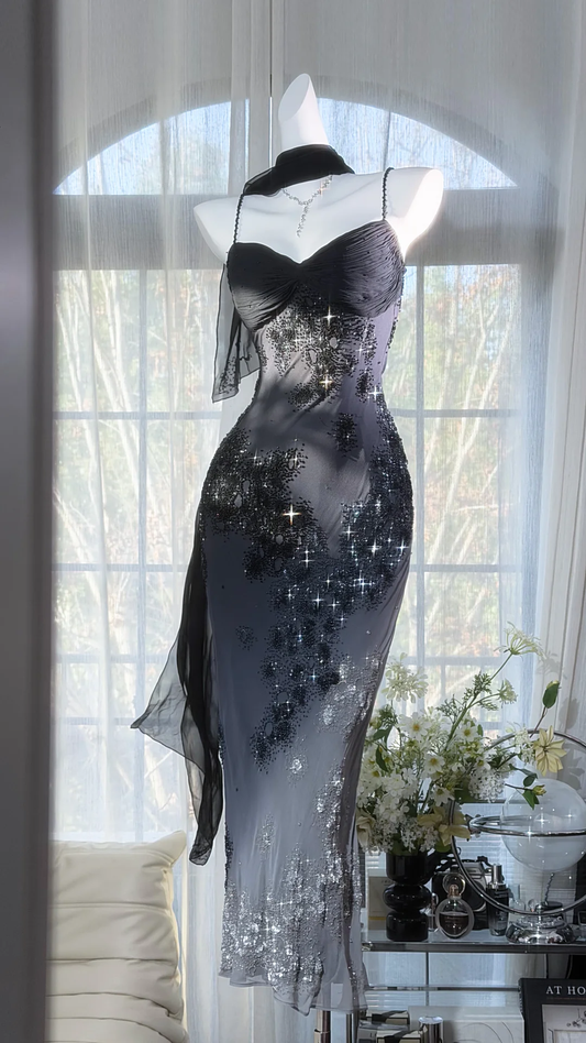 Black Gray Ombre Sweetheart Spaghetti Strap Starry Beaded Mermaid Midi Evening Dress with Chiffon Scarf gh9528