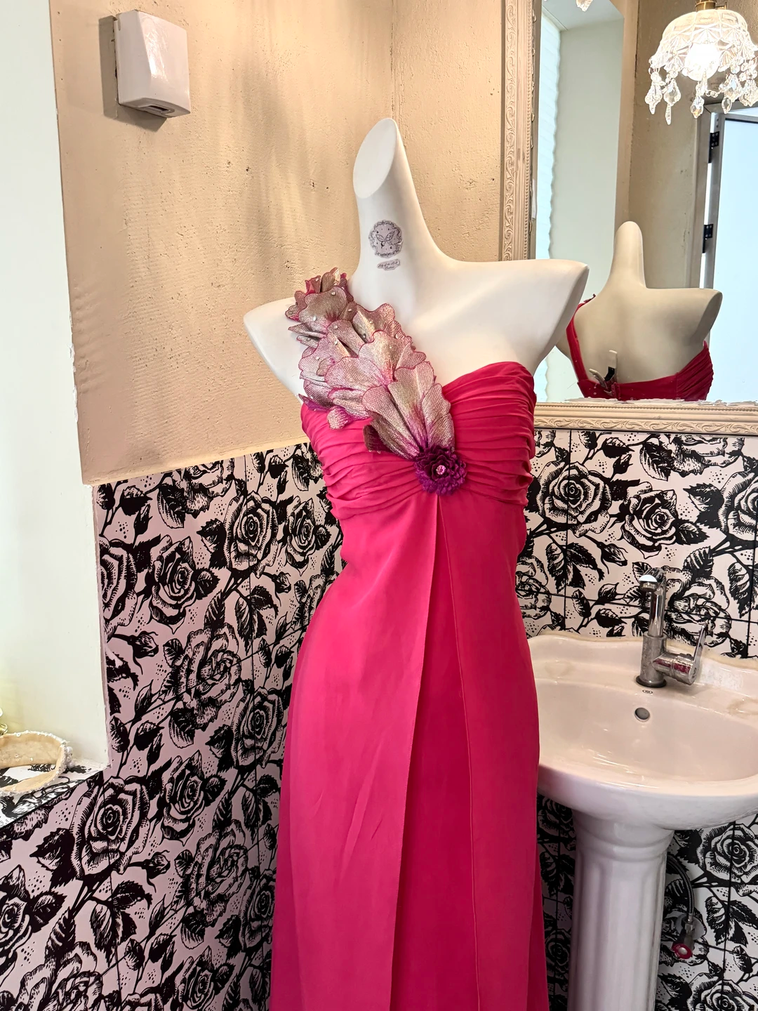 Magenta One-Shoulder Waist-Cinched Sexy Elegant Romantic Dress, Wedding Gown gh7586