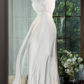 White Halter V-Neck Crinkled Chiffon Long Evening Dress, Beaded Waist A-Line Flowy Formal Gown gh9505
