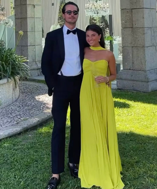 Robe de soirée longue en mousseline de soie, simple et élégante, avec haut tube et épaules dénudées, avec foulard, jaune et vert, gh3662
