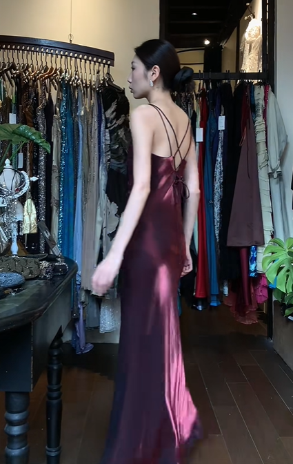Burgundy Double Strap V Neck Long Formal Gown Satin Column Evening Dress gh9654