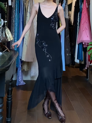 Black Double Strap Long Formal Gown 3D Floral Beaded Asymmetrical Ruffle Mermaid Dress gh9637