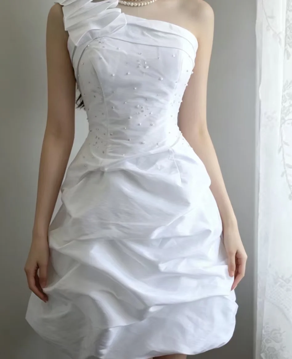 White Short Wedding Dress, One‑Shoulder 3D Ruffle Floral Detail Beaded Bodice Ruched Bubble Skirt Mini Bridal Party Gown gh9102