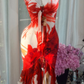 Red Floral Print Chiffon Midi Dress, Deep V Tie Front Spaghetti Strap Bodycon Mermaid Evening Gown, Vintage Painting Style Wedding Guest Party Dress gh9489