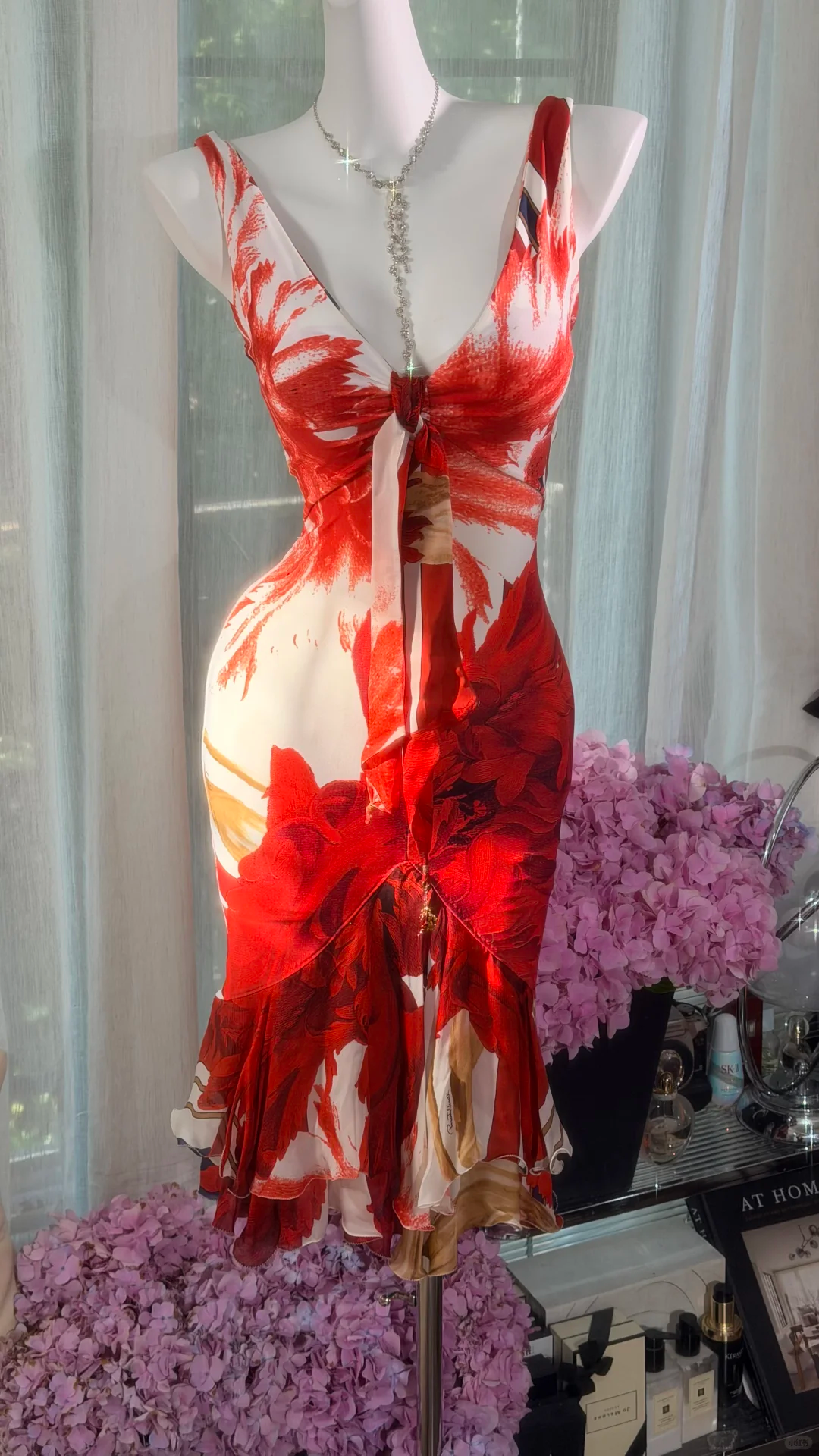 Red Floral Print Chiffon Midi Dress, Deep V Tie Front Spaghetti Strap Bodycon Mermaid Evening Gown, Vintage Painting Style Wedding Guest Party Dress gh9489