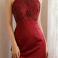 Burgundy Halter Long Evening Gown, Beaded Lace Embroidered Bodice Satin Fitted Sheath Formal Party Dress gh9115