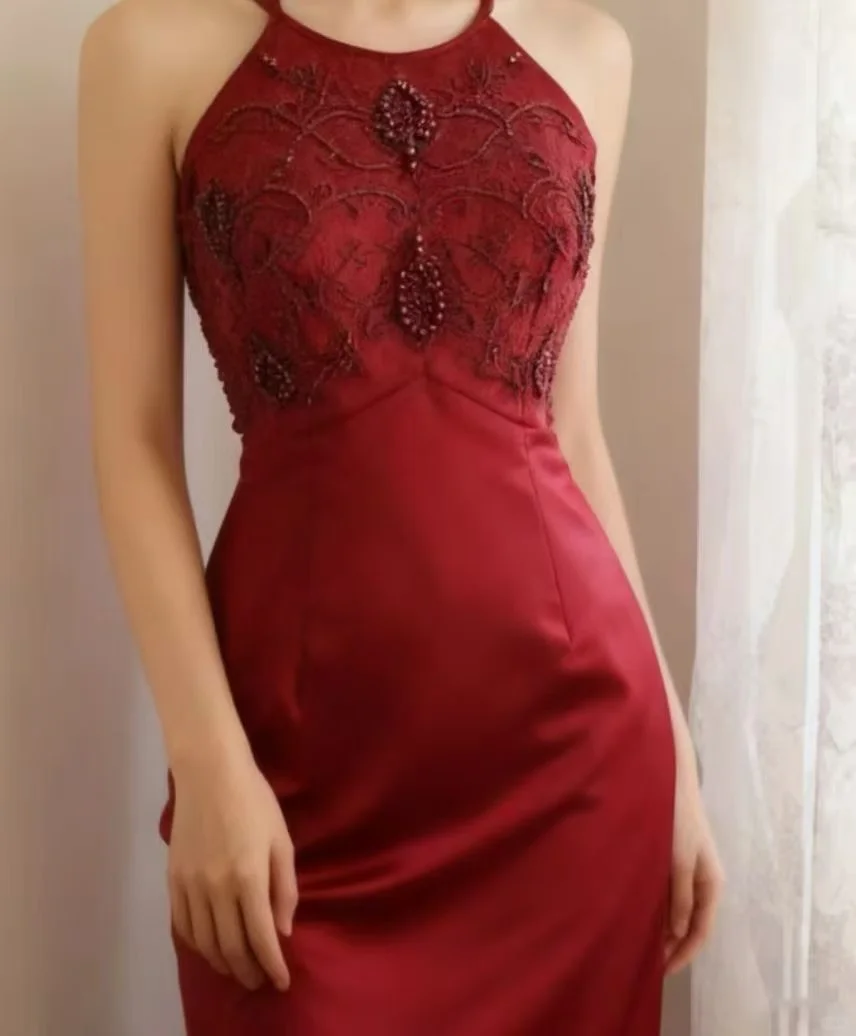 Burgundy Halter Long Evening Gown, Beaded Lace Embroidered Bodice Satin Fitted Sheath Formal Party Dress gh9115